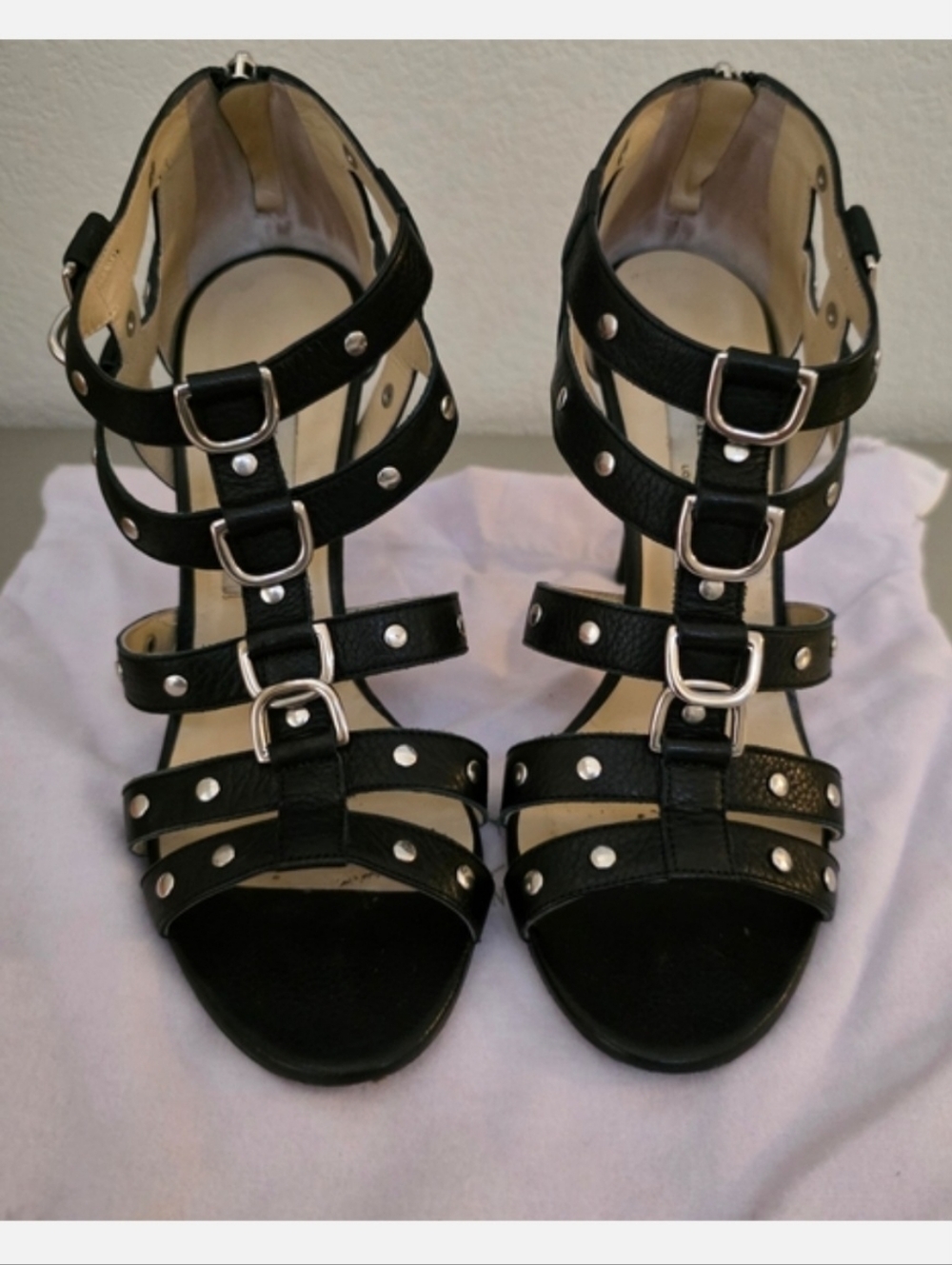Jimmy Choo Black Leather Silver Studded Strappy Stiletto Heels EU 39, Fits US 8 - Picture 5 of 13